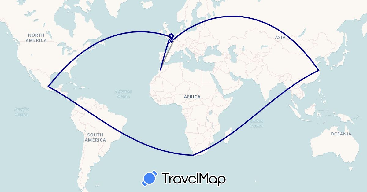 TravelMap itinerary: driving, plane in China, France, United Kingdom, Morocco, Mexico, South Africa (Africa, Asia, Europe, North America)
